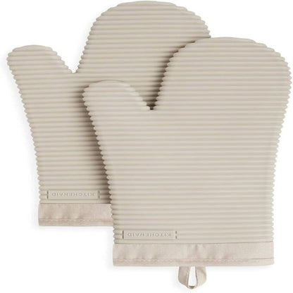 Ribbed Soft Silicone Oven Mitt Set, 7"x13", Milkshake 2 Count