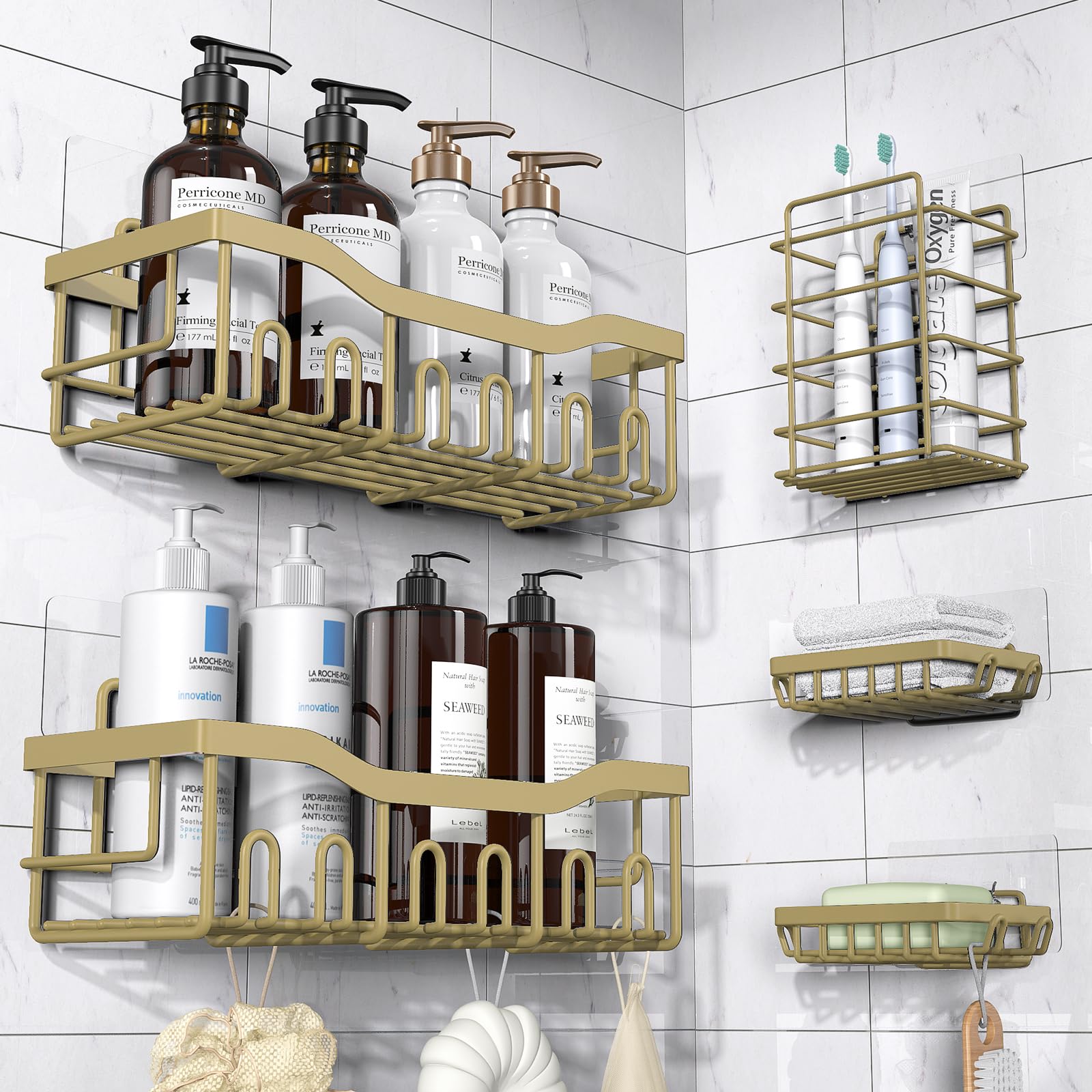 Adhesive Shower Caddy, 5 Pack Rustproof Stainless Steel Bath Organizers With Large Capacity, No Drilling Shelves for Bathroom Storage & Home Decor