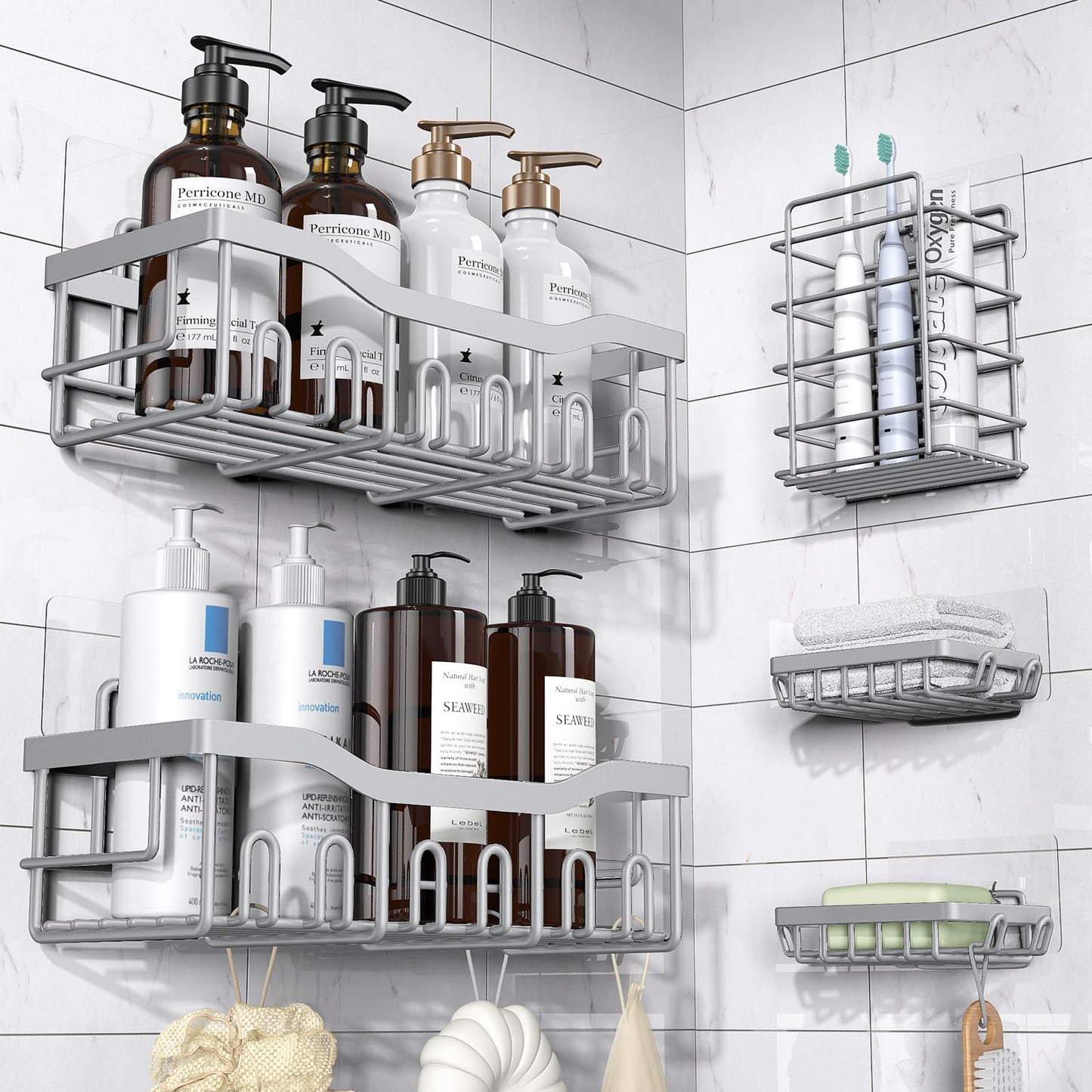 Adhesive Shower Caddy, 5 Pack Rustproof Stainless Steel Bath Organizers With Large Capacity, No Drilling Shelves for Bathroom Storage & Home Decor